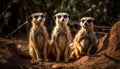 Three cute meerkats staring, standing in a row, watching outdoors generated by AI