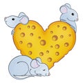 Three cute mice and a big cheese heart with holes.