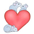Three cute mice and a big pink heart.