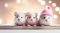 Three cute mice peek over a white banner, one of them wears a pink knit cap. Promotional banner for pet shop or vet Royalty Free Stock Photo