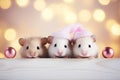 Three cute mice peek over a white banner, one of them wears a pink knit cap. Promotional banner for pet shop or vet Royalty Free Stock Photo