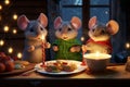 Three cute mouses are having christmas dinner. Seasons greetings