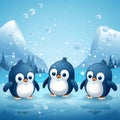 three cute pinguin in the ice. Generative ai