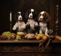 three of cute puppies dog sitting at the dinner table with lots of dishes Royalty Free Stock Photo