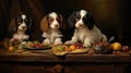 three of cute puppies dog sitting at the dinner table with lots of dishes Royalty Free Stock Photo