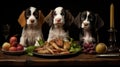 three of cute puppies dog sitting at the dinner table with lots of dishes Royalty Free Stock Photo