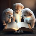 Three cute puppies reading magic book about bedtime stories