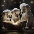 Three cute puppies reading magic book about bedtime stories