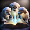 Three cute puppies reading magic book about bedtime stories