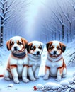 Three cute puppies sitting in snow