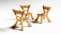 Three cute and quaint cartoonish wooden fairy chairs, 3d rendering