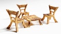 Three cute and quaint cartoonish wooden fairy chairs and a table, 3d rendering