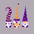 Three cute scandinavian halloween gnomes holding pumpkin isolated on grey background. Royalty Free Stock Photo