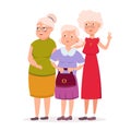 Three cute senior women friends standing together vector flat illustration. Aged ladies cartoon characters smiling and Royalty Free Stock Photo