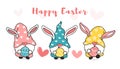 Three Cute sweet Easter Bunny gnome with rabbit ears Happy Easter cartoon vector banner