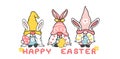 Three Cute sweet Easter Bunny gnome with rabbit ears, Happy Easter cartoon vector banner