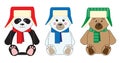 Three cute teddy bears: teddy, panda and polar bear, sitting in hats with earflaps and scarves Royalty Free Stock Photo