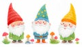 Three cute watercolor gnomes with mushrooms and plants Royalty Free Stock Photo