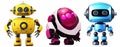 Three cute yellow, red, blue robots are smiling. With a round head and a cubic body on a transparent background