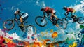 Three cyclists participate in a mountain bike competition during the 2024 Olympics.