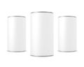 Three cylindrical aluminum boxes Mockup. Tin Cans on white