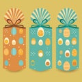 Cylindrical Gift Box Wrapping Colorful Easter Eggs On Olive Background. Happy Easter Day Concept