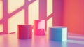 Three Cylindrical Podium Displays with Abstract Shadow Patterns and Gradient Colors