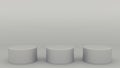 Three cylindrical podiums gray scene minimal 3d rendering modern minimalistic mock up, blank template, empty showcase