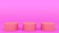 Three cylindrical podiums purple scene minimal 3d rendering modern minimalistic mock up, blank template, empty showcase