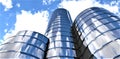 Three cylindrical skyscrapers with mirrored facades reflecting distorted clouds. Bottom view. Great illustration for an office Royalty Free Stock Photo