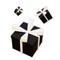 Three 3D Black Gift Boxes With White Ribbon Isolated on white background. 3D icon. 3d rendering flying modern holiday surprise box