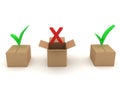 Three 3D boxes, the one in the middle has a red x above Royalty Free Stock Photo
