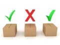 Three 3D Boxes, two have green checkmarks, another has red x above Royalty Free Stock Photo