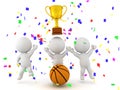 Three 3D characters celebrating the victory of a basketball match