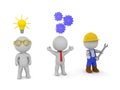 Three 3D characters an inventor, an entrepeneur and a worker Royalty Free Stock Photo