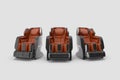 Three 3D rendering brown massage armchair on the isolated white background