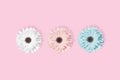 Three daisies, chamomile or gerbera at pastel pink background
