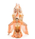 Three dancers in bright arabian stage costumes