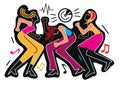 Three dancing girls, wild crazy dance party,cartoon.