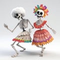 Three dancing white skeletons in multicolor dress isolated on a white background