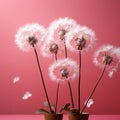 three dandelions blowing in the wind on a pink background