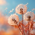 three dandelions blowing in the wind on a sunny day