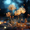 three dandelions in the dark at night