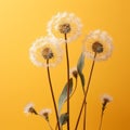 three dandelions on a yellow background