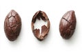 Three Cracked Dark Brown Chocolate Eggshells on White Background Royalty Free Stock Photo