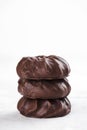 Three dark chocolate-coated zefir top view isolated on white background Royalty Free Stock Photo