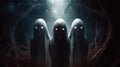 Three dark entities with glowing eyes in the misty forest. Generative AI