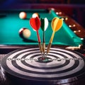Three darts in a dart board with a pool game in the background, games room