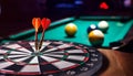 Three darts in a dart board with a pool game in the background, games room