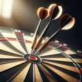 Three darts hit their mark in the bullseye on dart board